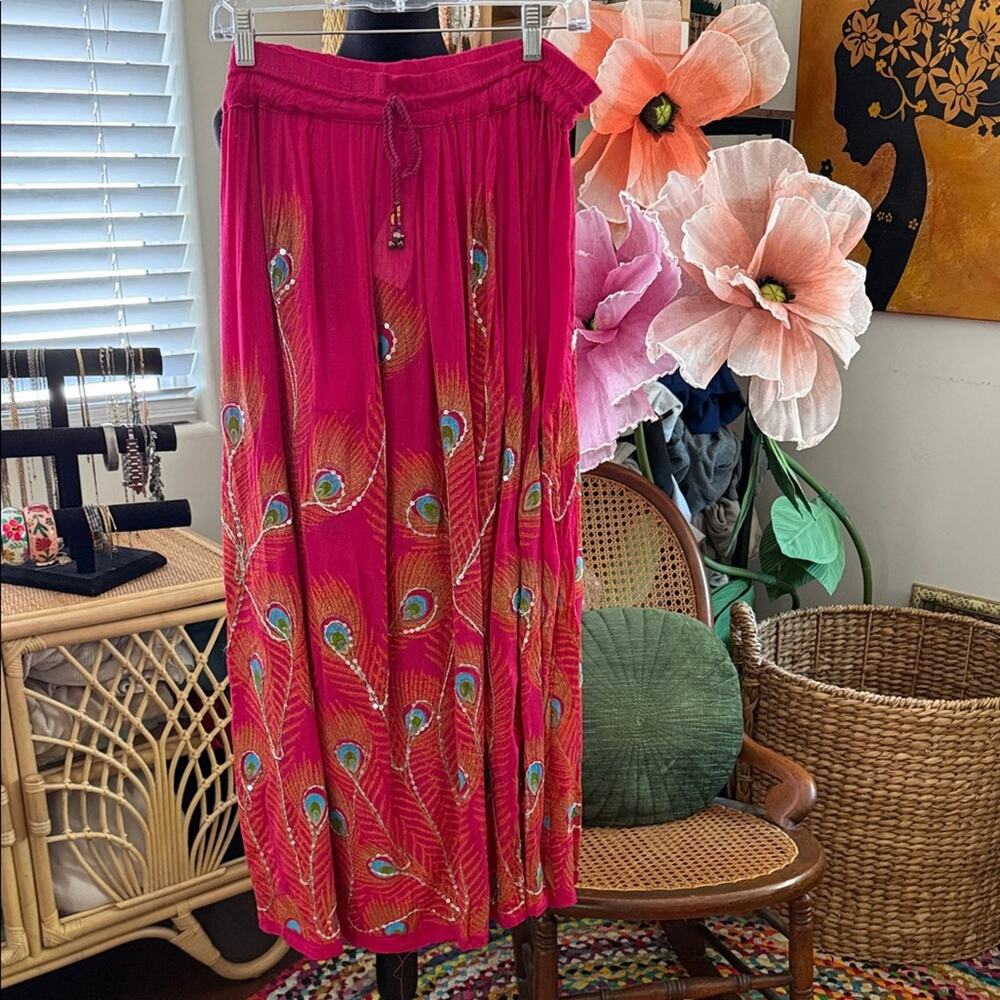 NWT Krishma Overseas Pink Peacock Sequin Bell Detail Boho Hippie Midi Maxi Skirt